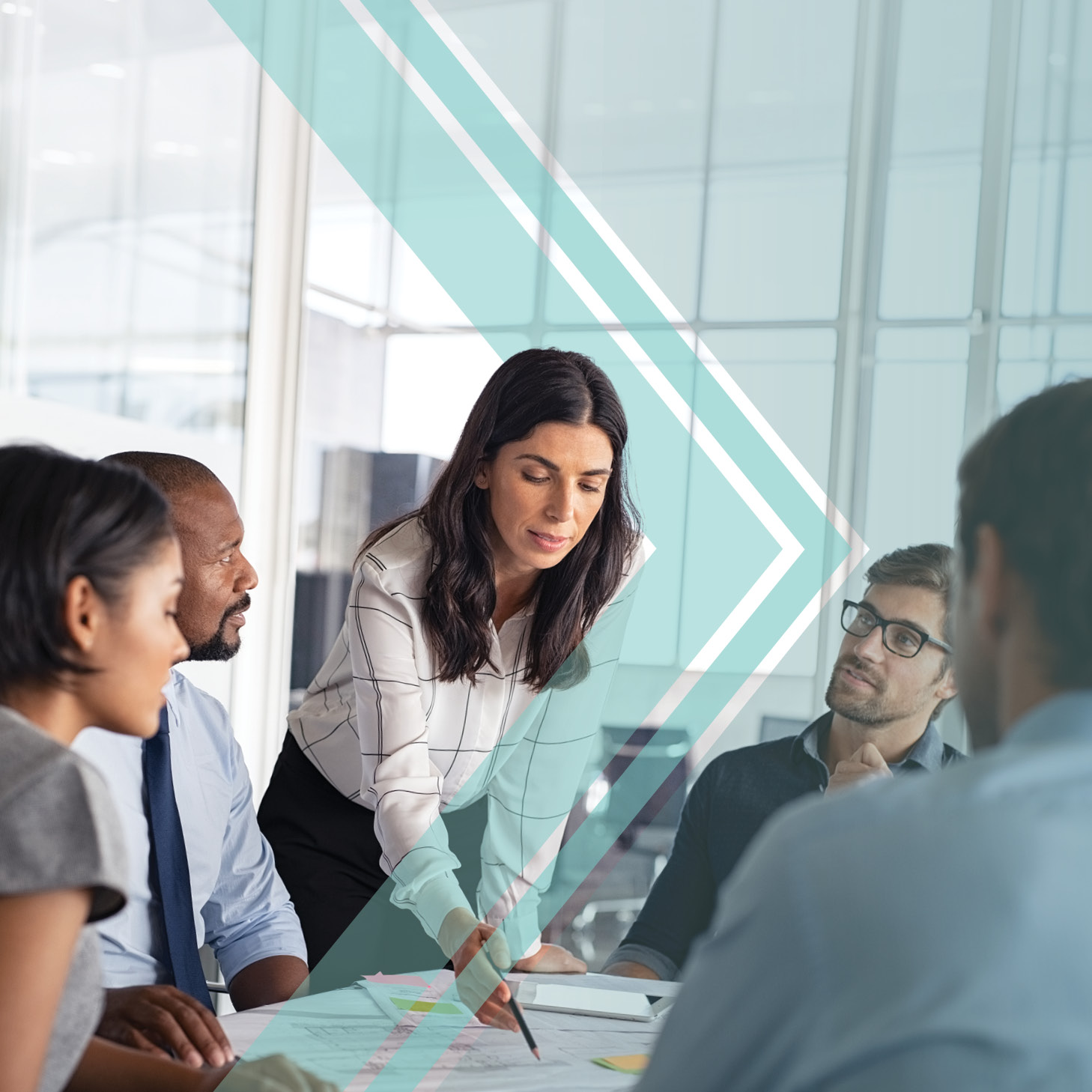 Sample graphic of green shapes with icons of thought leadership within